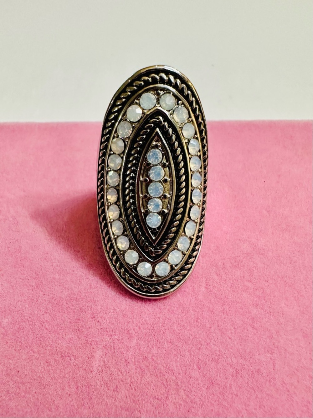 Silver Tone Oval Rhinestone Statement Ring Size 8